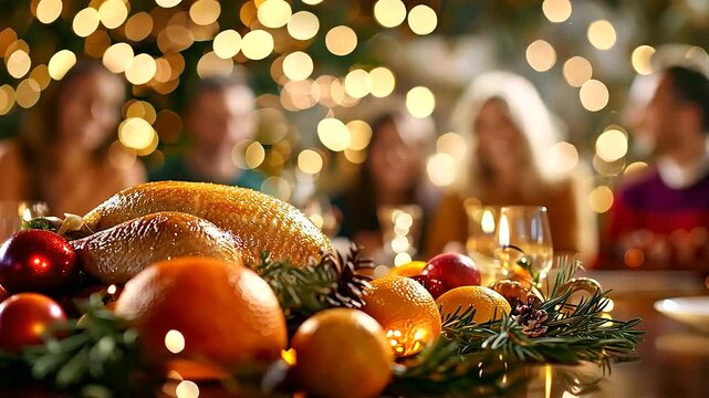 Golden Roasted Turkey Centerpiece with Holiday Fruits and Family