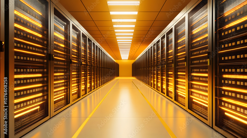 Aufkleber servers data center room with bright speed light going through the corridor 3d rendering