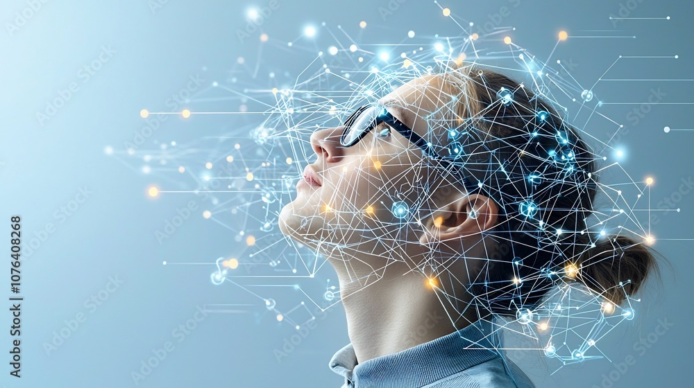 Poster closeup profile view of a man wearing glasses his gaze directed upwards as he is surrounded by an in