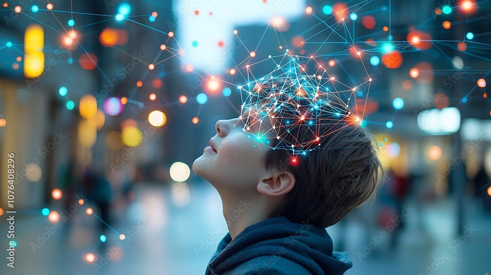 Fototapete Stylized side profile portrait of a young man with a digital overlay of glowing lines and nodes forming a web like pattern on his head symbolizing cognitive technology