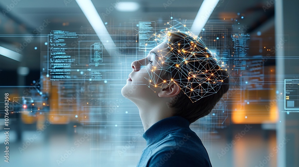 Aufkleber A young man s side profile with a digital overlay of glowing lines and nodes forming a web like pattern on his head symbolizing the cognitive technology and data processing within the mind