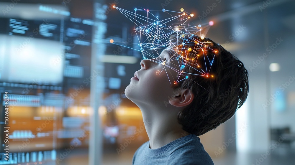 Aufkleber side profile of a young man looking upward with a digital overlay of glowing lines and nodes forming