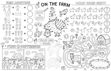On the farm placemat with cute animals. Farm activity mat for kids with dot to dot, find 5 differences, maze and other games. Vector illustration