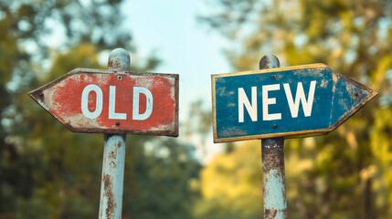 Decisive old new sign, transformative decision concept future vs, contemplative past compare improvement change, modern strategic crossroads, directional progressive visionary