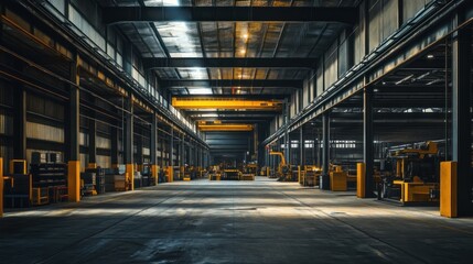 Fototapeta premium Industrial Warehouse Interior with Yellow Overhead Cranes