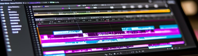 Laptop screen displaying vibrant audio editing software with colorful waveform graphics.