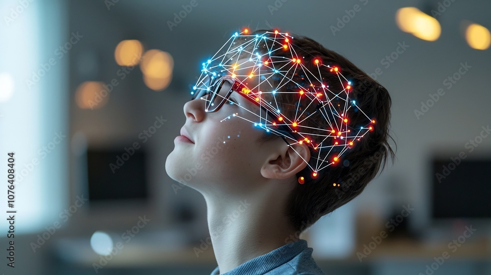 Fototapete side profile of a young man wearing glasses looking upward with a digital network overlay of glowing
