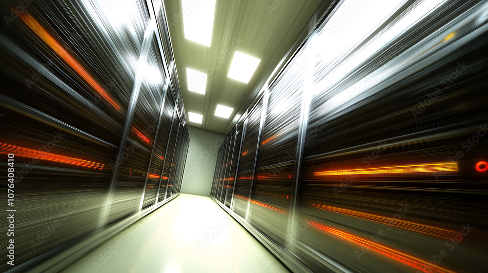 Aufkleber servers data center room with bright speed light going through the corridor 3d rendering
