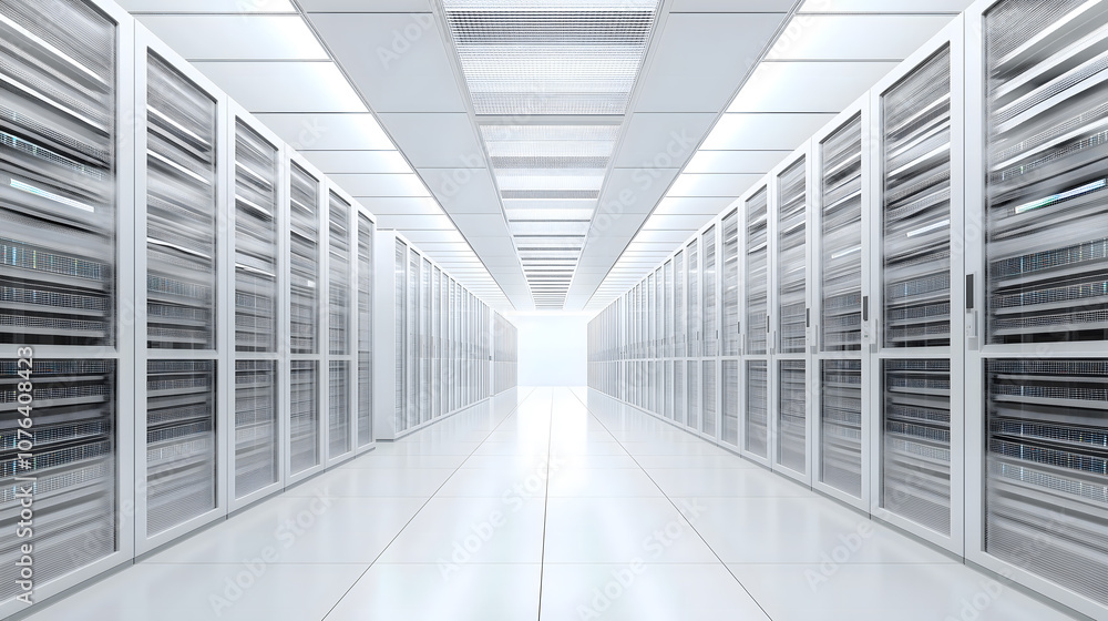 Poster servers data center room with bright speed light going through the corridor 3d rendering
