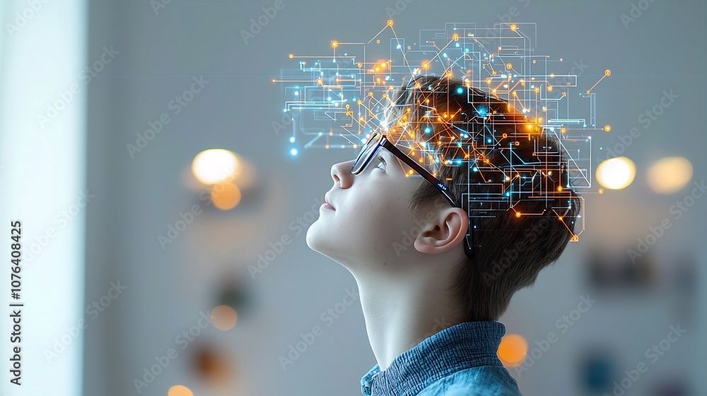 Leinwandbilder side profile of a young man wearing glasses looking upward with a digital network overlay of glowing