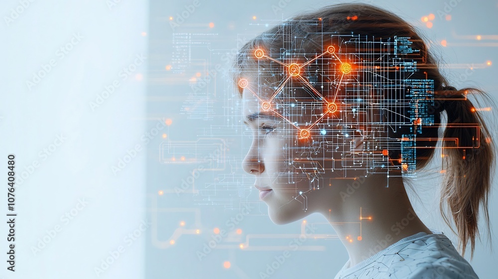 Aufkleber Side profile of a thoughtful young man with a digital network overlay on his head glowing nodes and lines symbolizing intelligence