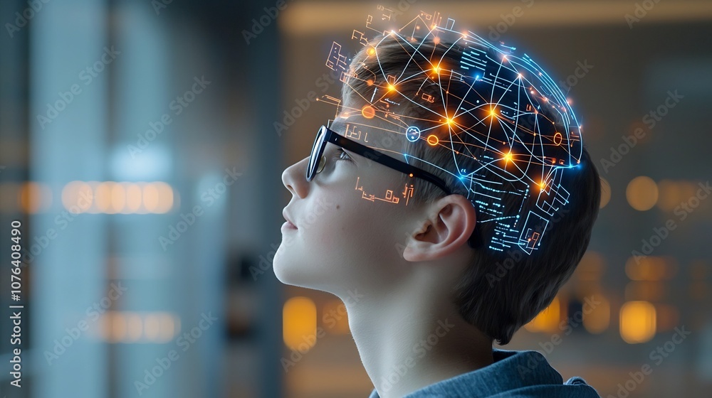 Leinwandbilder side profile portrait of a young man wearing glasses looking upward with a digital network overlay o