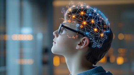 Side profile portrait of a young man wearing glasses looking upward with a digital network overlay of glowing lines and nodes on his head symbolizing advanced thinking and intelligence