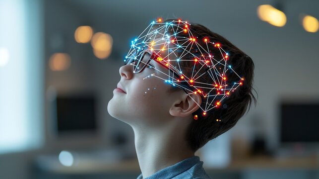 Side profile of a young man wearing glasses looking upward with a digital network overlay of glowing lines and nodes on his head symbolizing advanced thinking and intelligence - Powered by Adobe