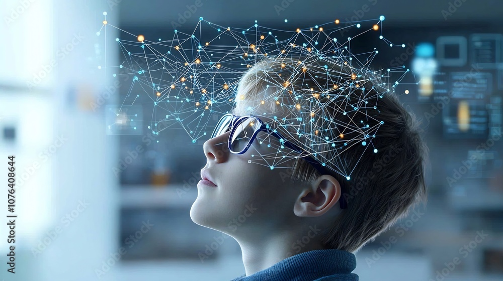 Aufkleber Portrait of a young man wearing glasses in profile looking up with a digital pattern of interconnected nodes and lines over his head symbolizing and complex thinking set against a dreamy
