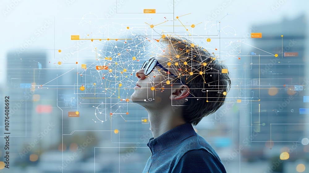 Poster Young man in profile wearing glasses looks upward as a digital pattern of interconnected nodes and lines over his head symbolizes and complex thinking creating a modern high tech