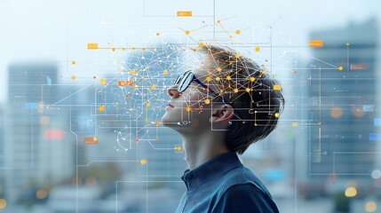 Young man in profile wearing glasses looks upward as a digital pattern of interconnected nodes and lines over his head symbolizes and complex thinking creating a modern high tech