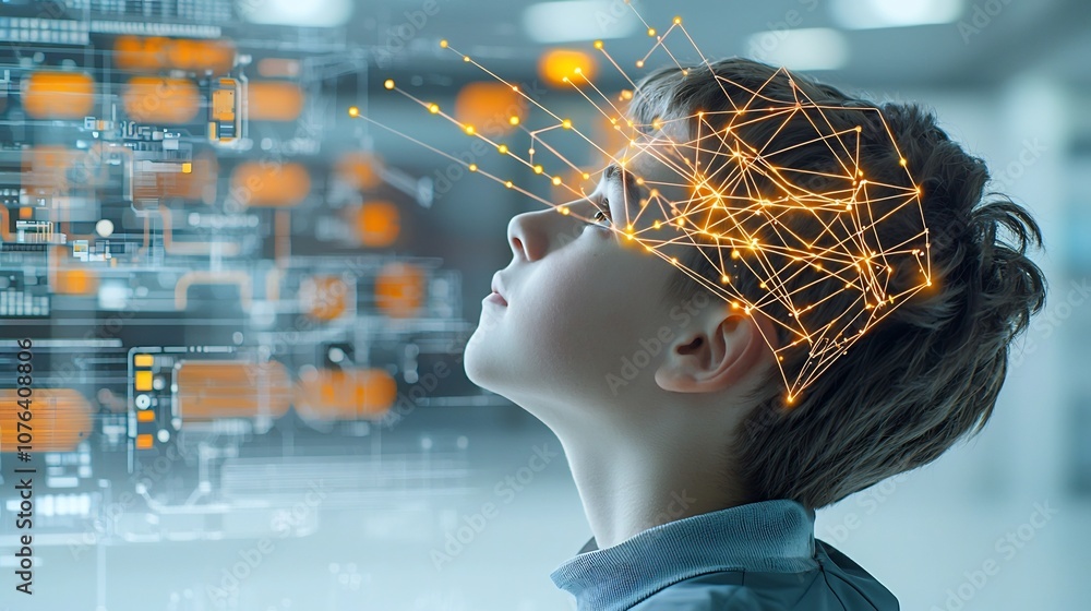 Fototapete portrait of a young man looking up with a contemplative expression his head surrounded by a digital 