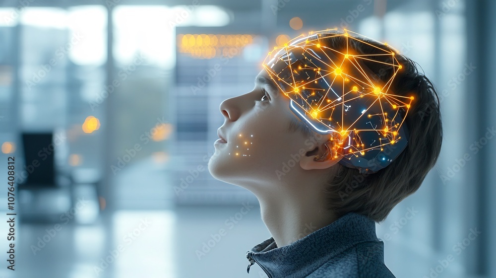 Aufkleber Conceptual portrait of a young man in profile view with a digital network of glowing lines on his head symbolizing intelligence and a contemplative futuristic mood enhanced by a warm