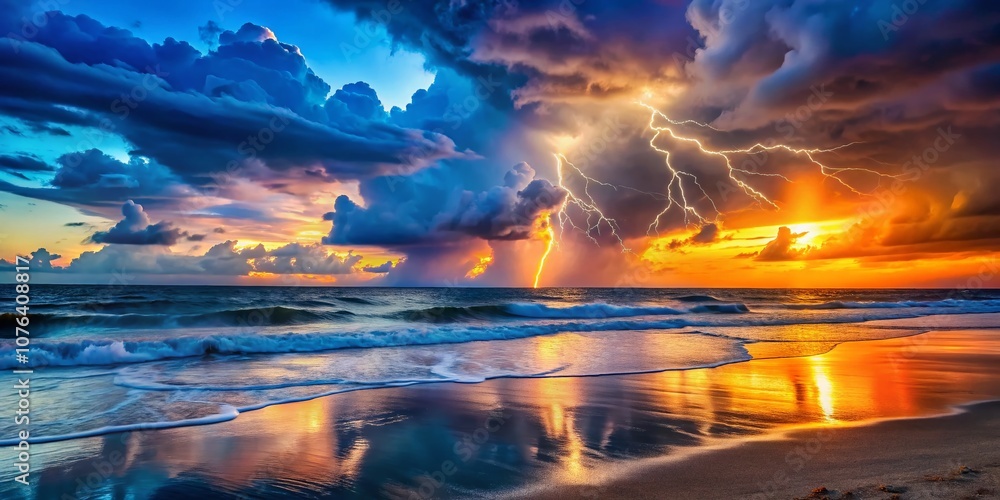 Poster captivating lightning strikes over a serene beach at dusk with bokeh effect creating an enchanting a