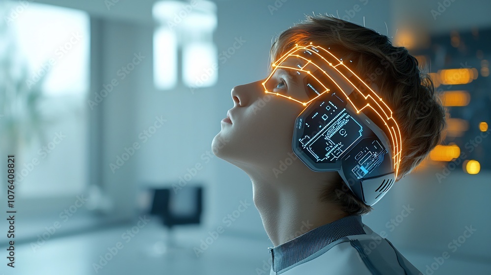 Poster Profile view of a young man looking up with a digital network and glowing lines on his head representing technology set against a warm