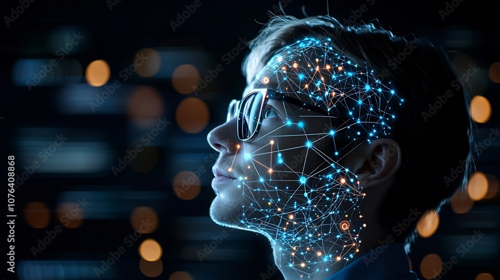Poster close up portrait of a man wearing glasses looking upward with a thoughtful pensive expression a dig