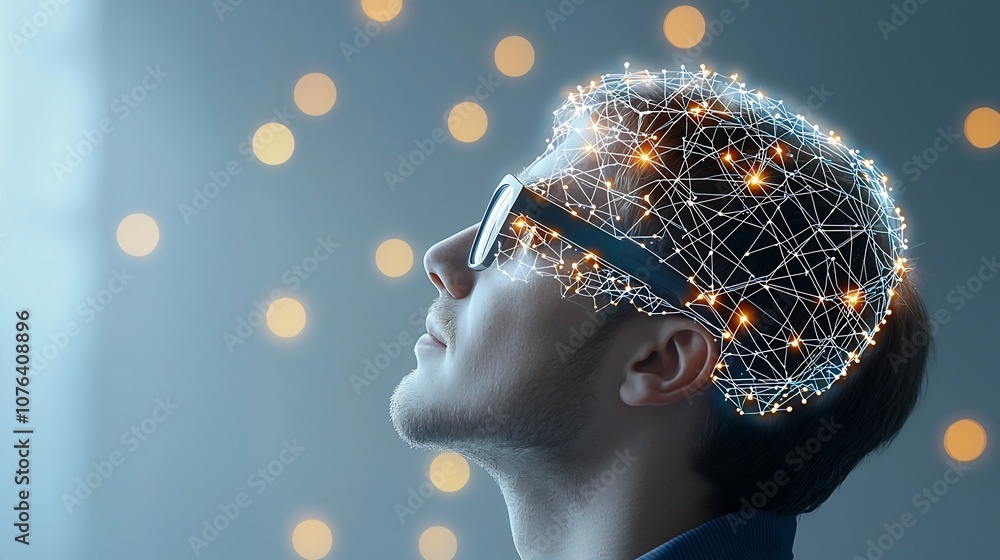 Aufkleber close up portrait of a man wearing glasses with a digital overlay of neural network lines and glowin