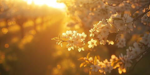 Blossoming Trees in an Orchard with Sunlight Streaming Through