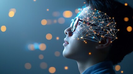 Close up portrait of a man wearing glasses with a digital overlay of neural network lines on his head set against a soft warm and glowing bokeh background