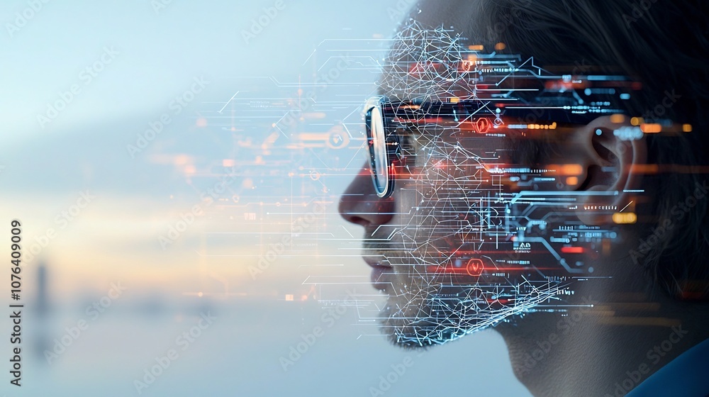 Aufkleber Portrait of a man in glasses with a glowing web of digital nodes and lines overlaying his head representing the concept of advanced cognitive processing and technological