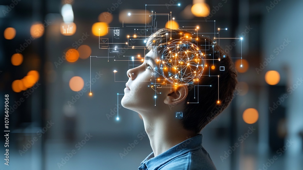 Aufkleber futuristic portrait of a young man in profile gazing upward with an overlay of a glowing digital neu