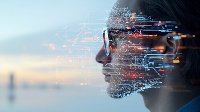 Portrait of a man in glasses with a glowing web of digital nodes and lines overlaying his head representing the concept of advanced cognitive processing and technological