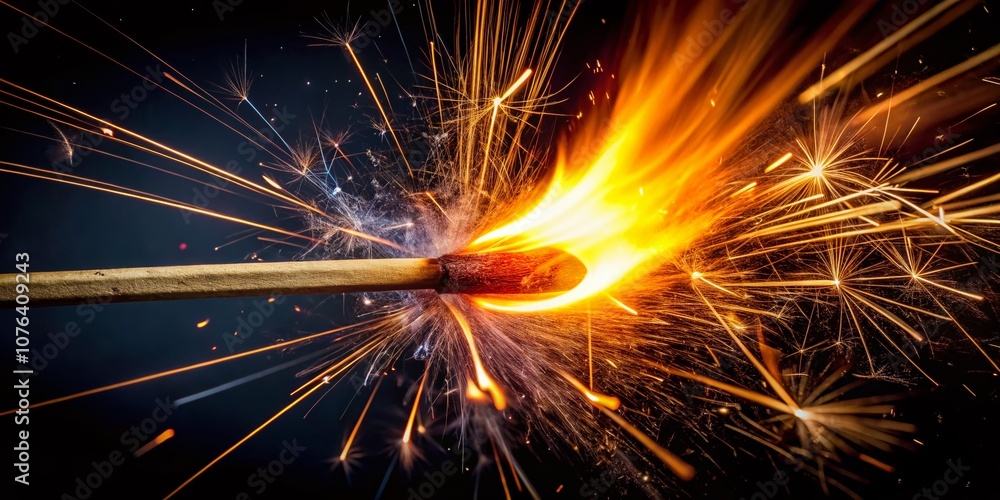 Poster captivating long exposure macro shot of a match igniting with dynamic sparks in motion, revealing in