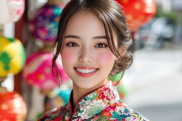 Fototapeta premium smiling asian woman in colorful traditional dress
