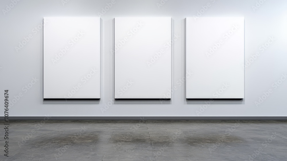 Poster modern gallery space featuring empty canvases on pristine white walls.