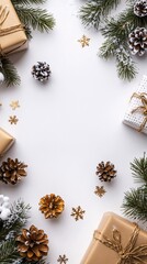 Christmas gift boxes decorated with pine cones, golden snowflakes and fir branches on white background