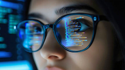 Focused woman glasses coding, intense programming reflection software developer, concentrated night screen research technology, digital professional innovative, technical creative analytical