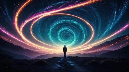A person stands at the edge of a mystical landscape, gazing at a vibrant spiral of light against a starry sky, representing a journey into the unknown