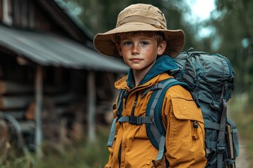 Fototapeta premium Young Boy on a Hiking Adventure, Ready to Explore the Wilderness