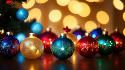 Fototapeta premium Colorful Christmas ornaments hanging on a festive tree, illuminated by soft bokeh lights, creating a warm holiday atmosphere perfect for seasonal celebrations