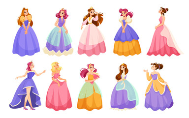 Naklejka premium Girl Princess in Pretty Dress and Attire Standing and Smiling Vector Set