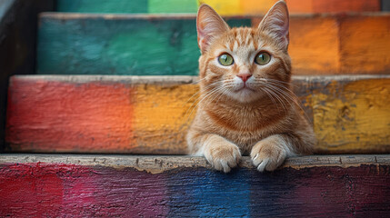 curious orange cat with green eyes sits on colorful rainbow painted stairs, creating vibrant and playful scene