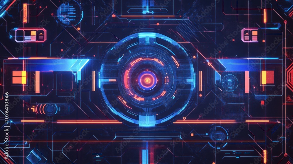 Poster abstract futuristic digital interface with neon glowing lines and circles