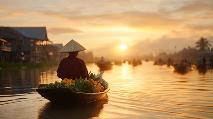 Bustling Floating Market at Sunrise with Vendor in Traditional Attire