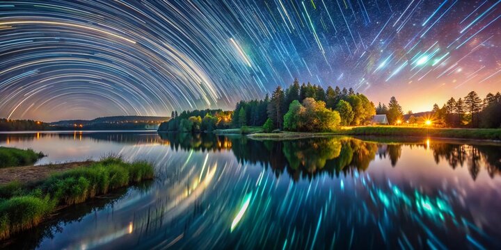 Captivating Long Exposure View of Komsomolets with Star Trails and Ethereal Water Reflections Amidst a Serene Natural Landscape at Night