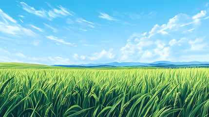 Green corn field with blue sky background