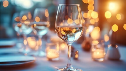 Elegant table setting at a sophisticated corporate event with soft lighting and floral centerpiece