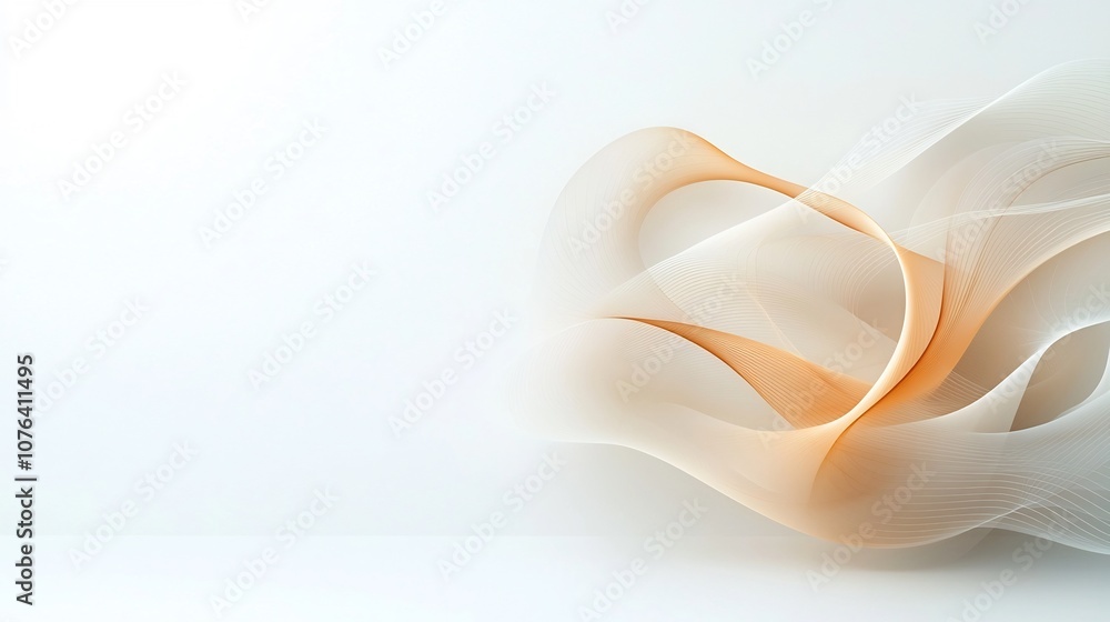 Poster Warm toned smoke in soft swirling lines with complex curves floating on a clean white background evoking a sense of elegance and smooth flow