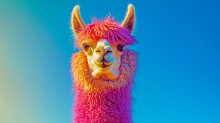 Fototapeta premium An alpaca with wild, chaotic, clever hair poses for a colorful photo