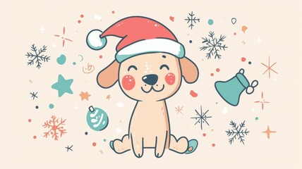 Fototapeta premium Festive doodle of dog in Santa hat with holiday icons, perfect for playful holiday cards and branding needs. Christmas, New Year's Eve
